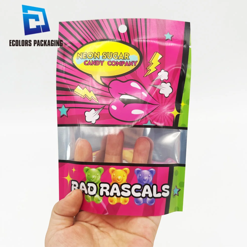 wholesale low moq recyclable custom printed heat sealing sugar sweet candy plastic bag 3 side seal flat pouches with window