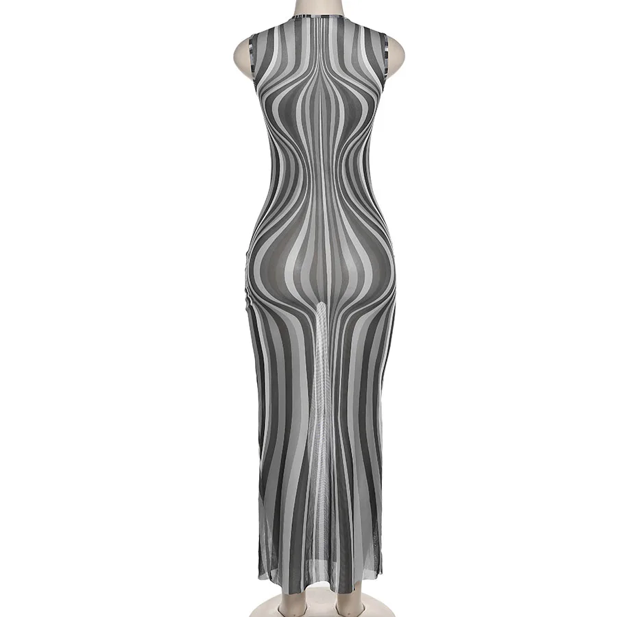 Mesh See Through Damaskeen Pattern Sleeveless Maxi Dress Women Casual Dresses neon maxi dress ladies casual  2022 new