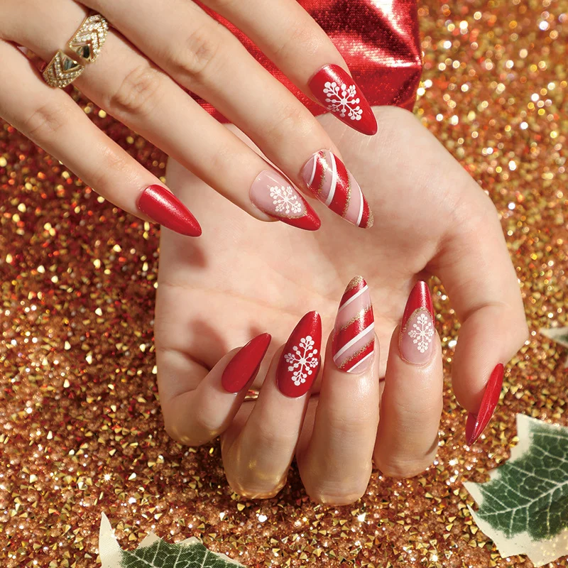 2024 Christmas Press on Nails Fake Almond Ballerina Design Nails Artificial Winter Xmas Matte Gloss Acrylic Nails for Women 24pc