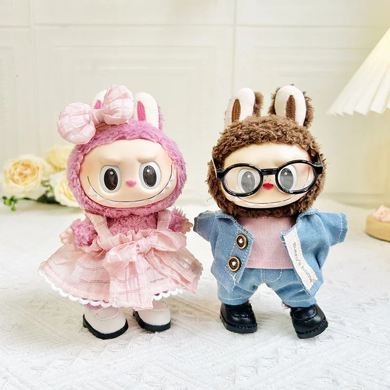 L-1995 17cm Pendant blind box replacement Doll double buckle Denim three-piece suit Cute Dress Outfit Clothes Only Labubu