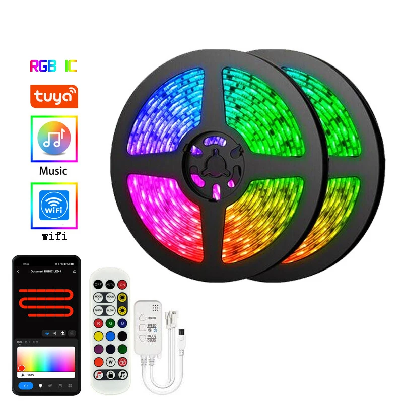 Weicao Tuya Wifi RGBIC 12V WS2811 LED Strip Lights Google Alexa Addressable Dream color 24Key 5050 Light Strips Kit