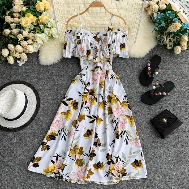 YP Ruffle Vintage Floral Print Summer Off Shoulder Midi Long Dress Party Women Casual Spaghetti Strap Beach Holiday Vestidos