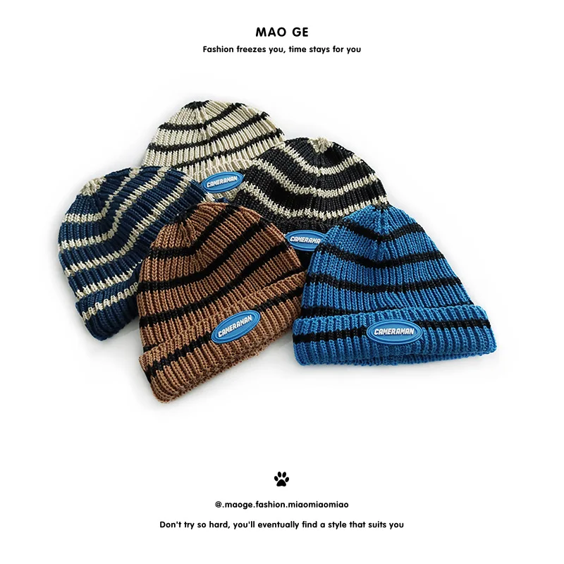 Cat brother children striped hat new knitting belt blue label colored pullover dome casual fashion street wool hat