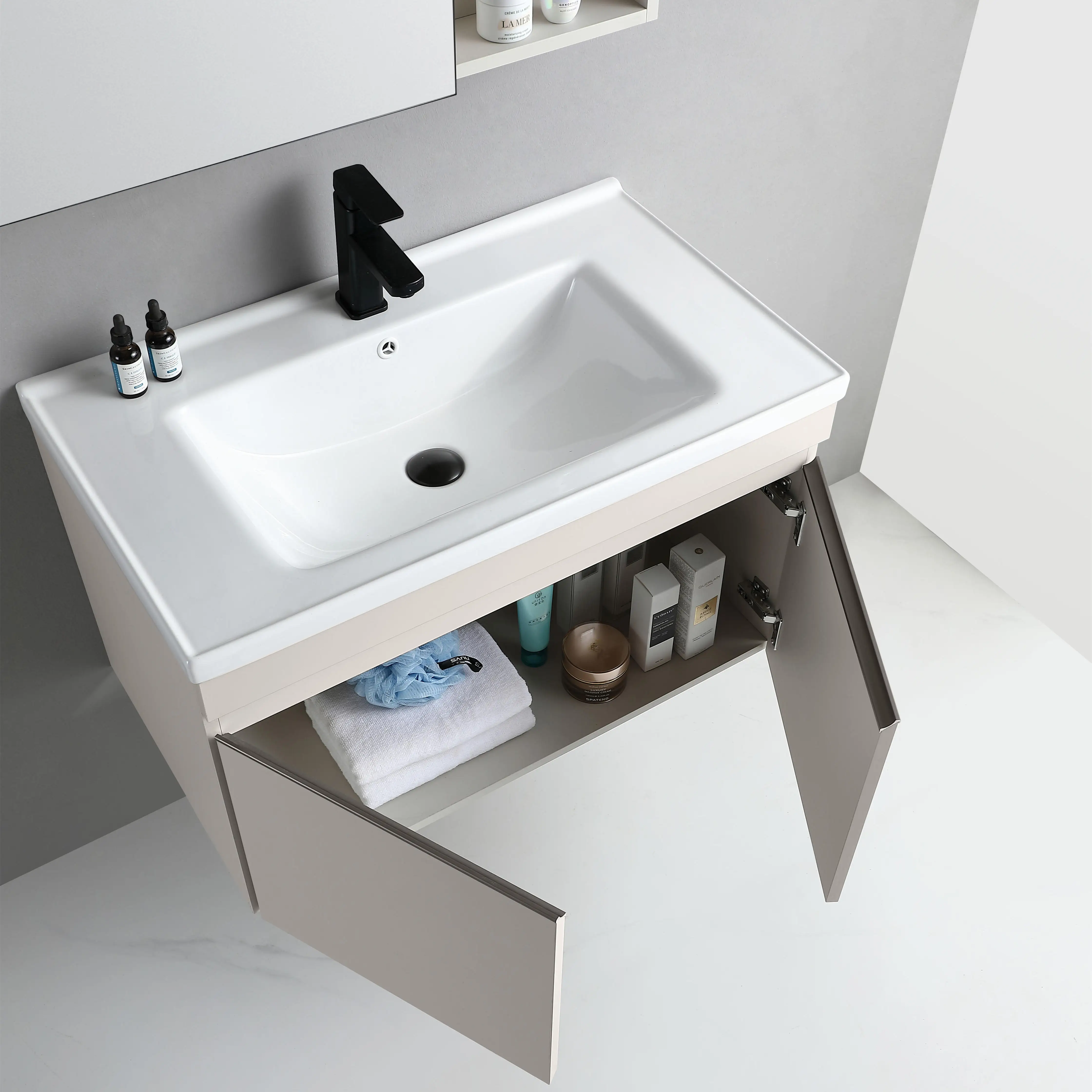 32 inch Waterproof Bathroom Vanities and Mirror with Ceramic Sink 80cm Wall Hanging PVC Cabinets