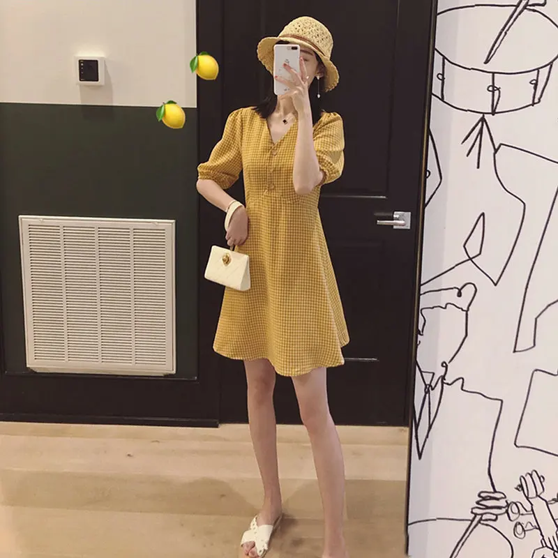 Cotton Linen Plaid Summer Dress Korean design Chic Women Casual Midi Dress