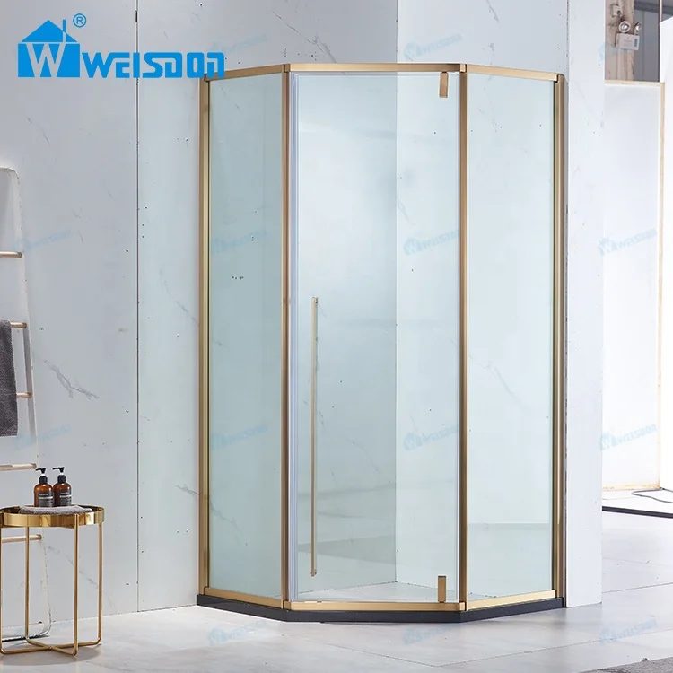 Weisdon Wholesale 304 Stainless Steel Gold Shower Room Diamond Framed Tempered Glass Shower Door