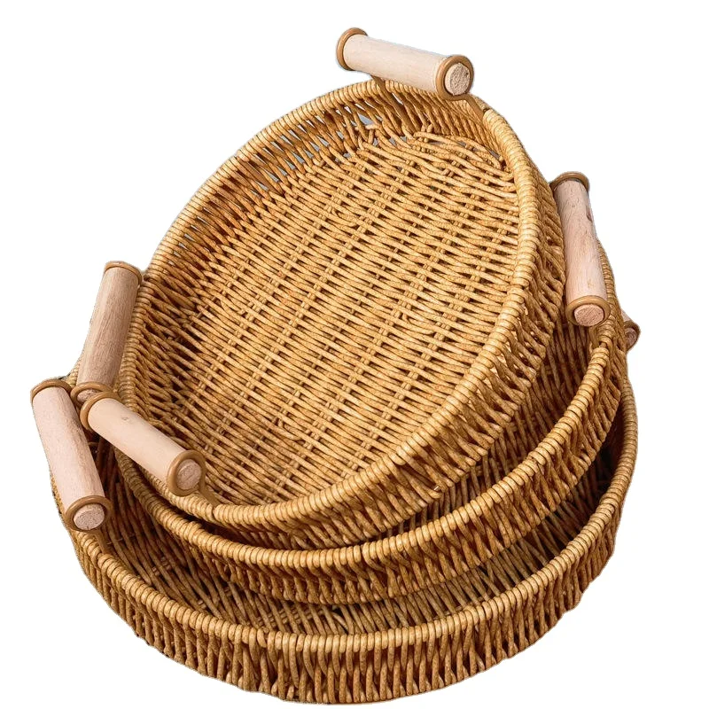 Handmade Round Woven PP Rattan Basket Wicker Picnic Basket Fruit Snacks Storage Tray with Handle
