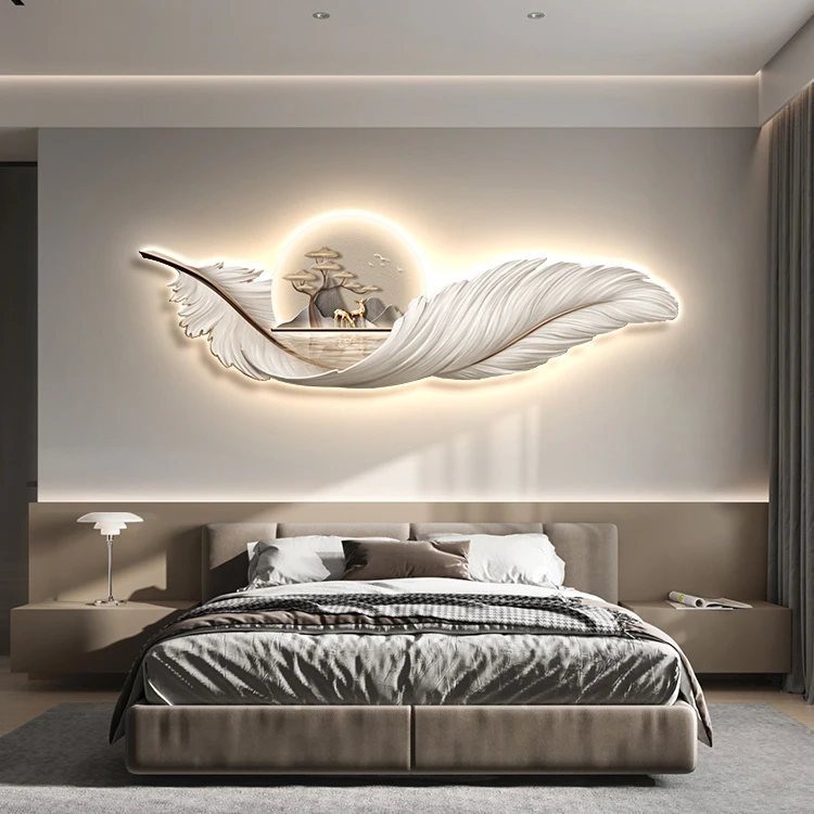 Modern Living Room Decorative Painting Feather Hanging Painting With Led Light Painting Sofa Background Wall Mural