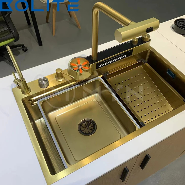 Waterfall Style Kitchen Sink Gold 304 Stainless Steel Modern Multifunctional Large Kitchen Sink