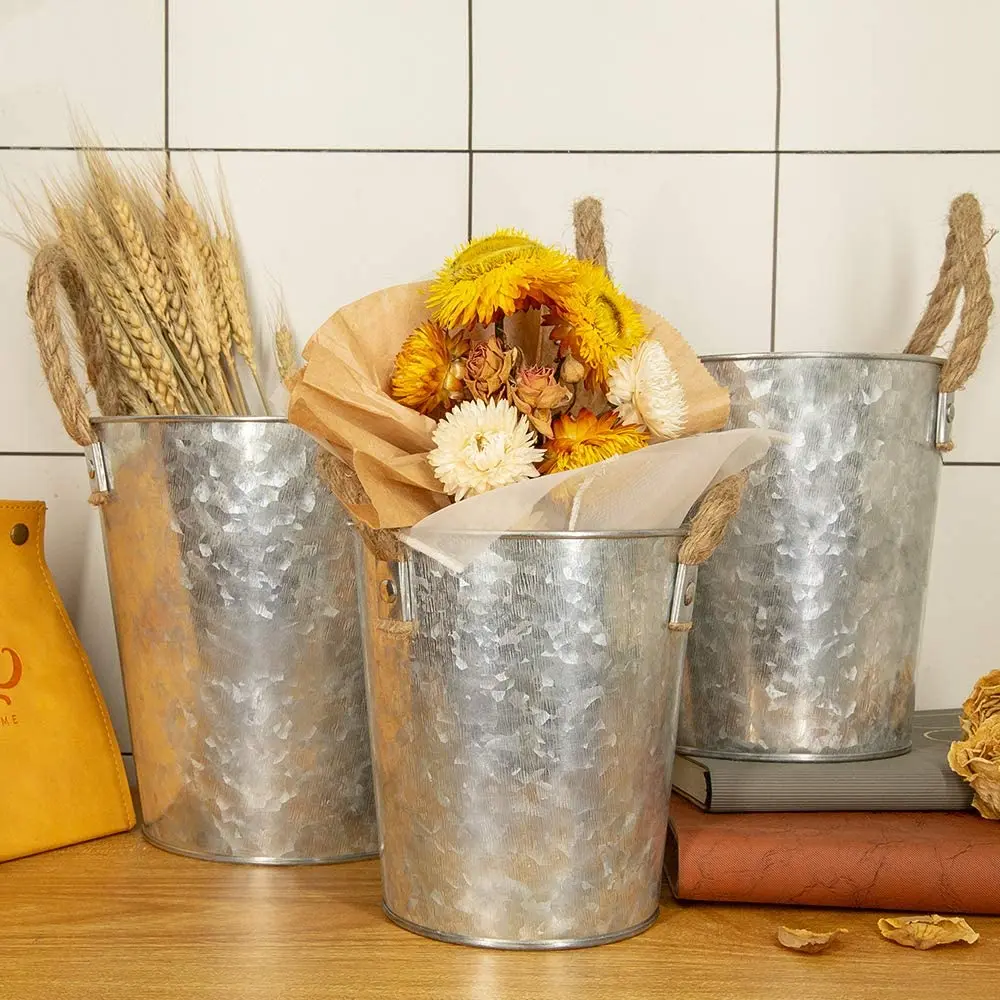 Bulk Wholesale Galvanized Flower Pot Farmhouse Buckets with Rope Handle Set of 3 manufacture