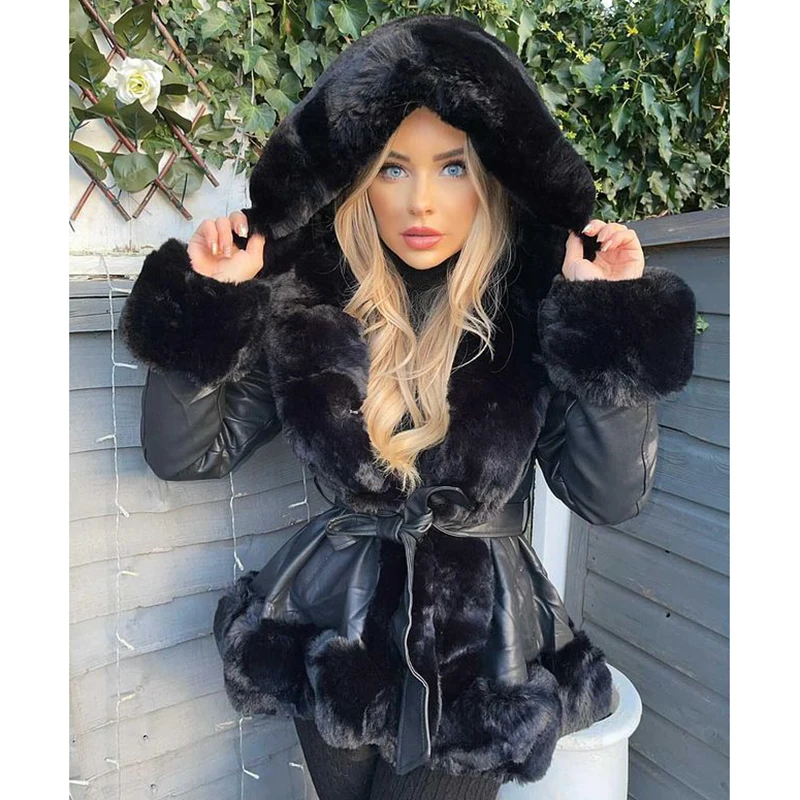 Patchwork High Imitation Leather Coats Women Fashion Hooded Faux Fox Fur Jackets Women Elegant Tie Belt Slim Coats Ladies
