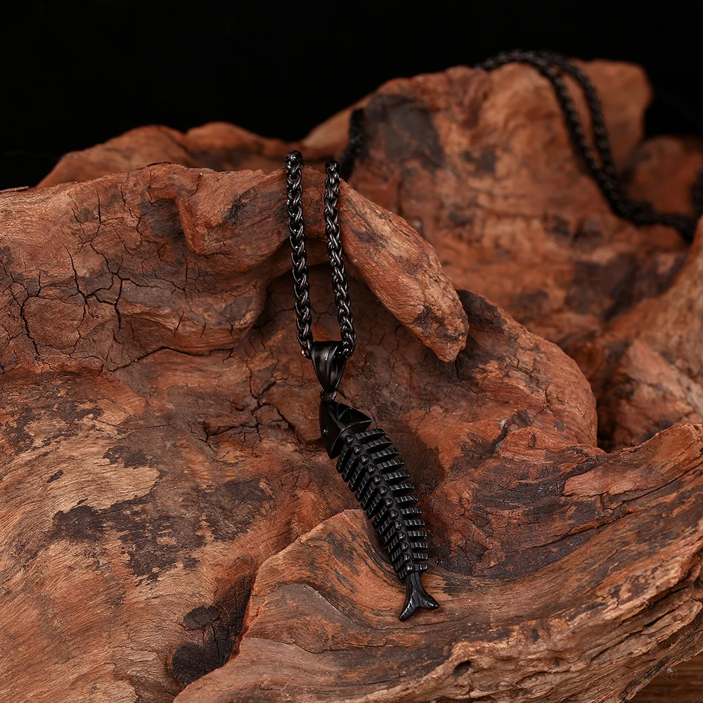 2022 Fashion Men Stainless Steel Gothic Punk Stainless Steel Fish Bone Pendant Necklace for Men