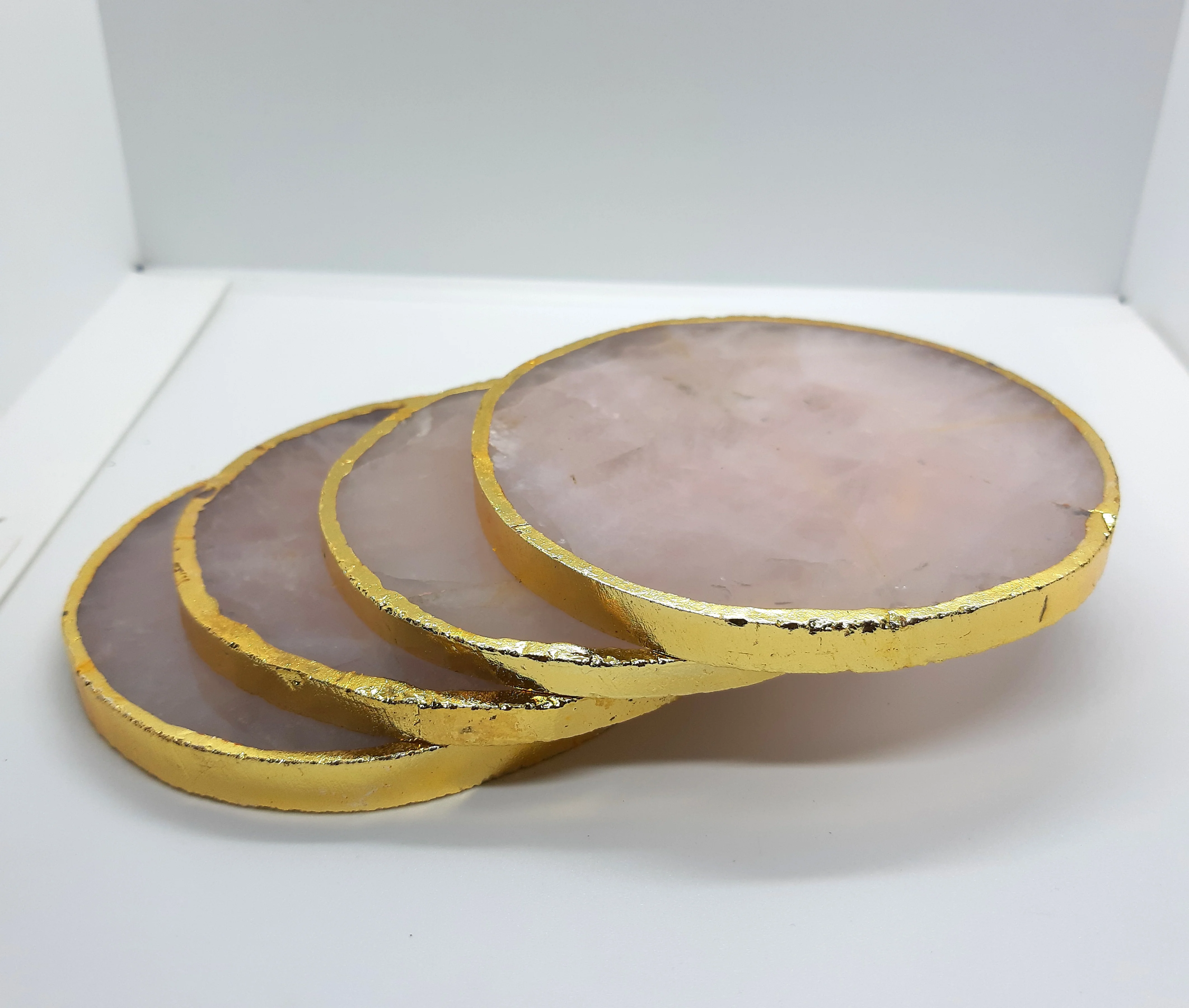 Coasters Round Shape Rose Quartz With Gold Edge, Crystal Slice Cup Mat Agate Coasters, Rose Quartz Slices For Home Decoration