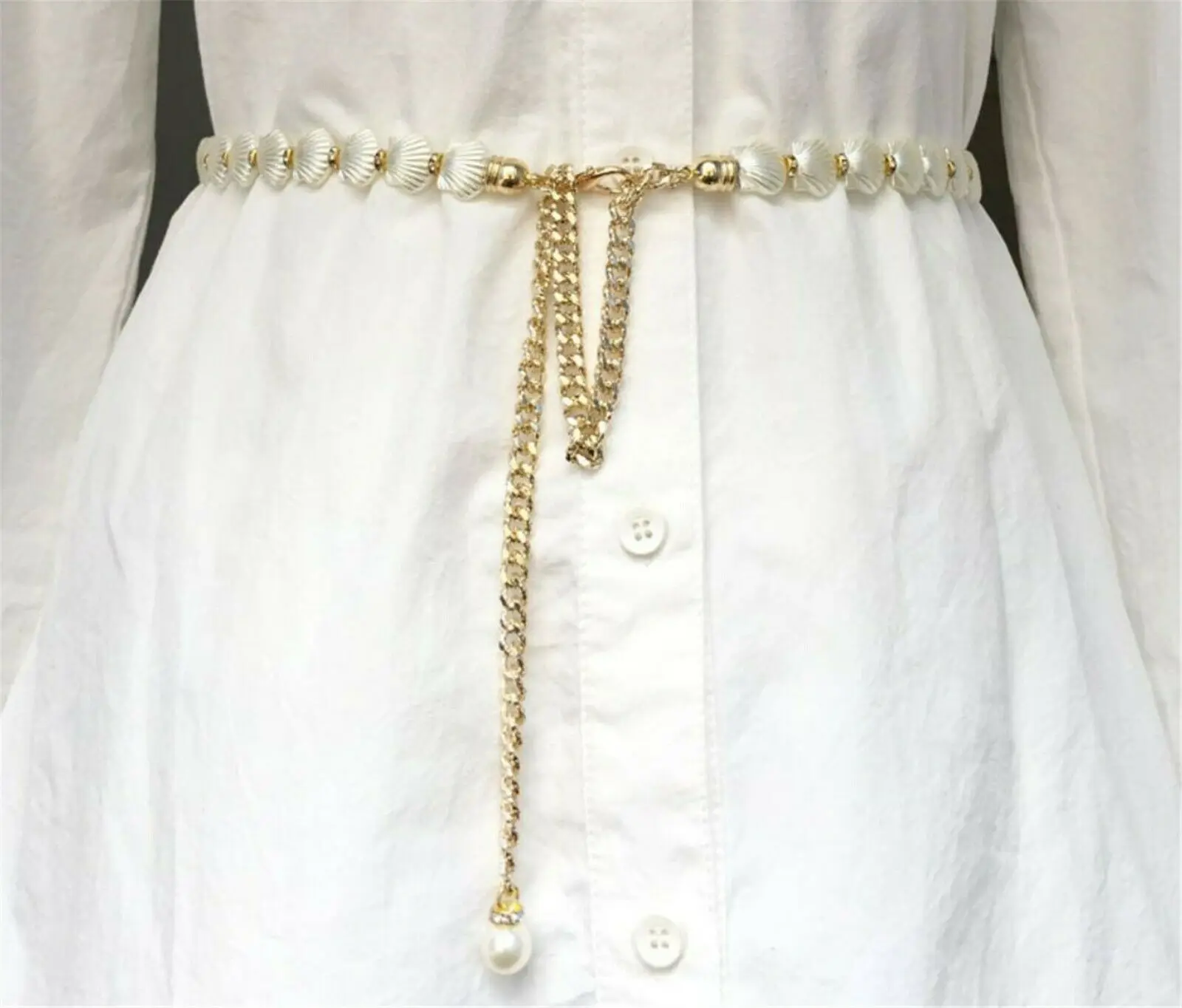 hot sales fashion accessories Women Lady Shell Slim Mermaid Party Metallic Gold Chain Beads Dress Tassel Belt ecowalson