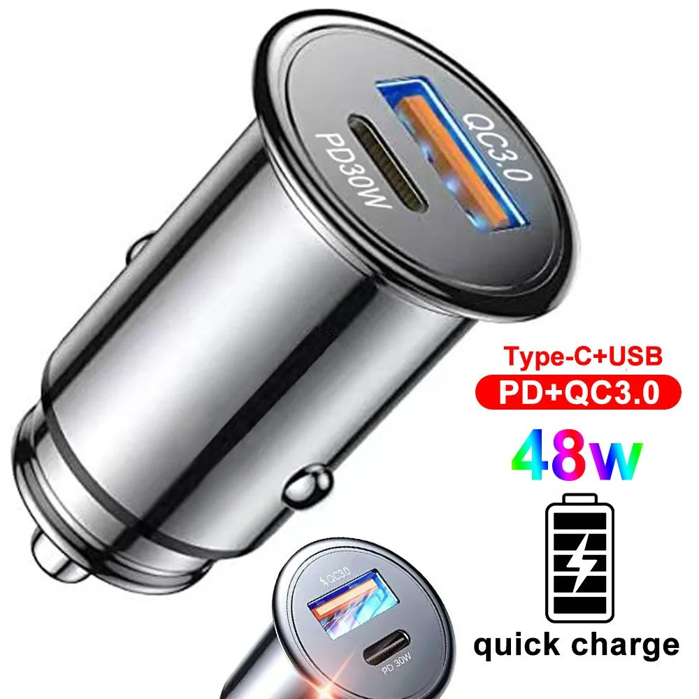 For iPhone For Samsung Dual Ports Type C QC3.0 48W Travel USB Car Charger Phone PD Charger Quick Charger Car Adapter