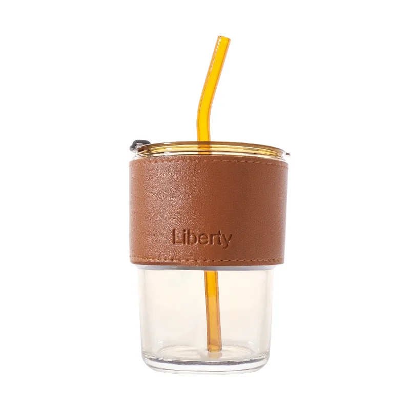 420ml Customize Logo Coffee Tumbler With Leather Sleeve Glass Water Cup With Lid  Straw