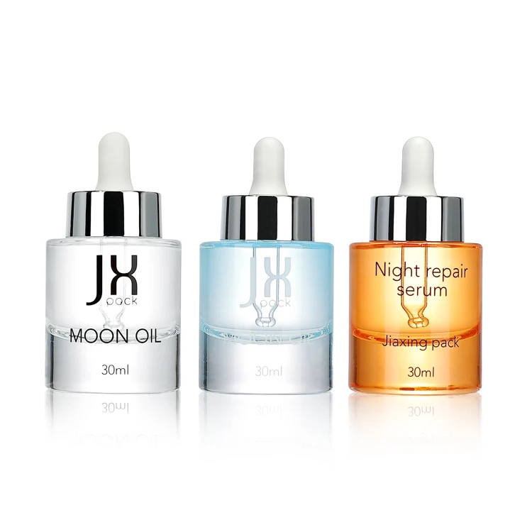 Thick bottom high end serum bottle 30 ml 1oz flat shoulder night repair serum glass dropper bottle with pipette
