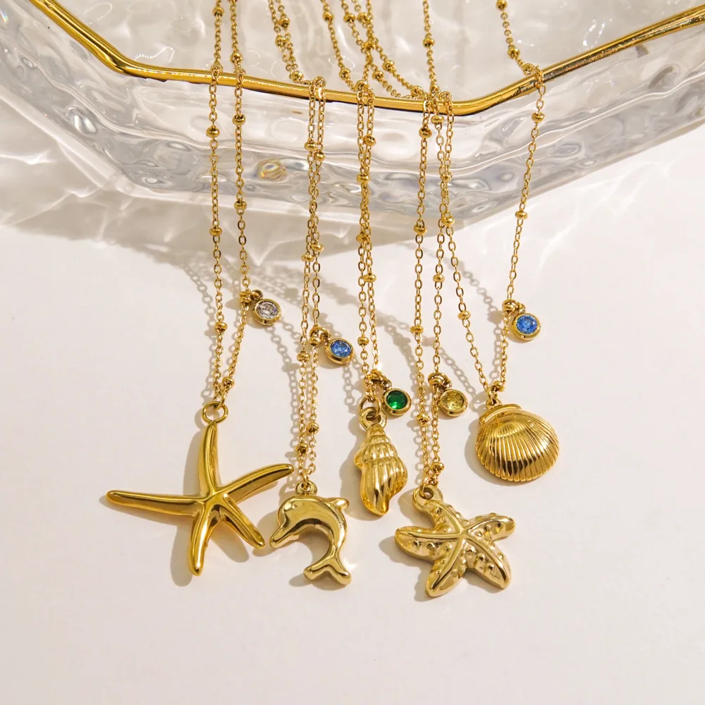 Ocean Beach Jewelry Waterproof Non Tarnish Stainless Steel Scallop Shell Dolphin 14k Gold Fashion Women Starfish Necklace
