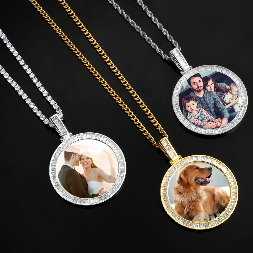 KRKC Custom Made Cubic Zirconia Sublimation Metal Necklace Gold Plated Family Pendent Picture Photo Charm Necklace for Photo