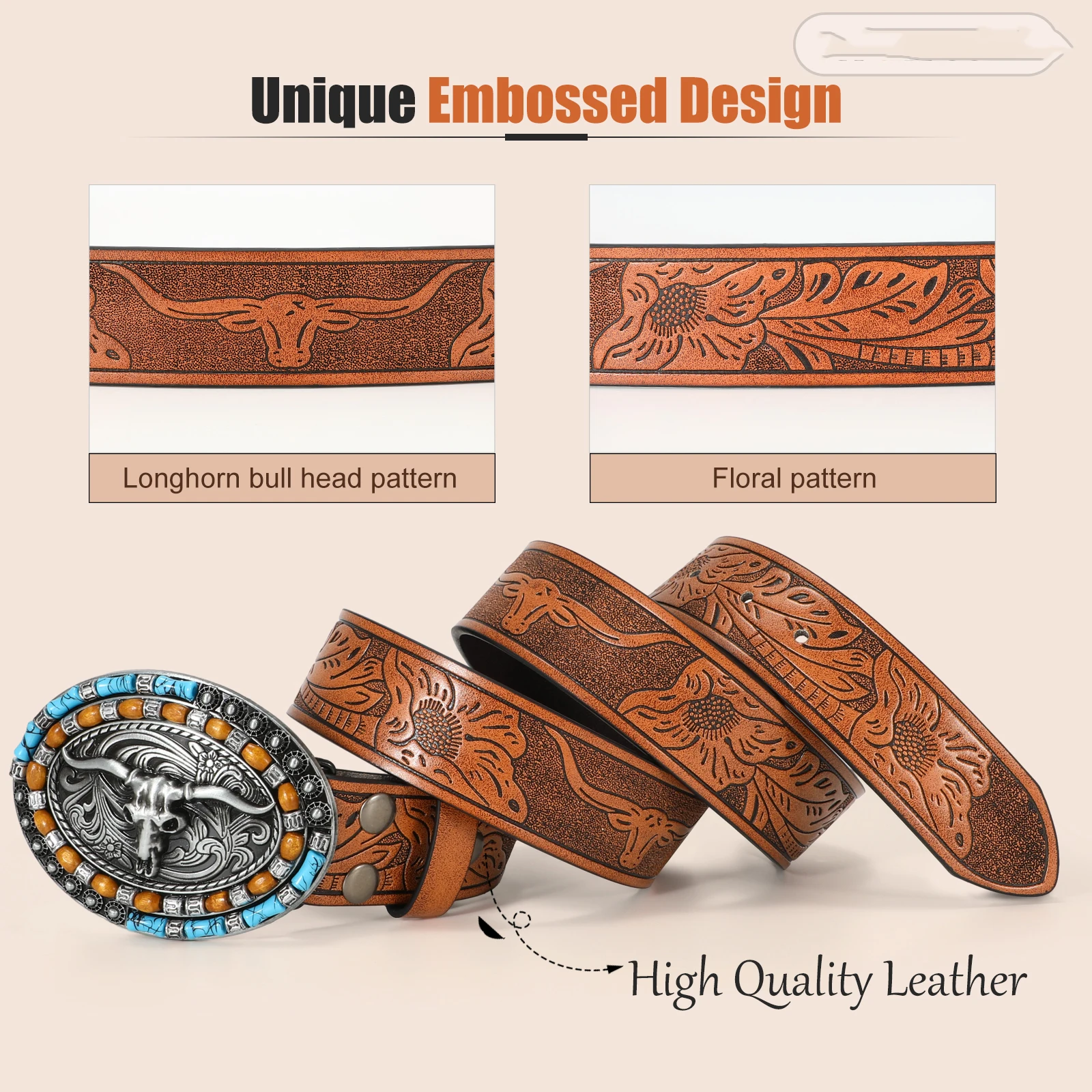 Unisex Western Belt Detachable Alloy Plate Buckle Turquoise Custom Debossed Floral Pattern Design PU Leather Belt For Men Women