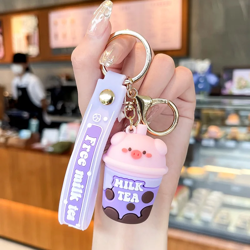 Baimao High-quality wholesale cartoon creative pearl milk tea pig key chain Boba milk tea key chain Kawaii cartoon pig key ring