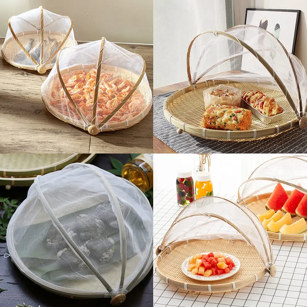 Bamboo Food Serving Tent Basket Hand-Woven Basket Serving Dustproof Round Picnic Basket , Mesh Gauze Cover Container