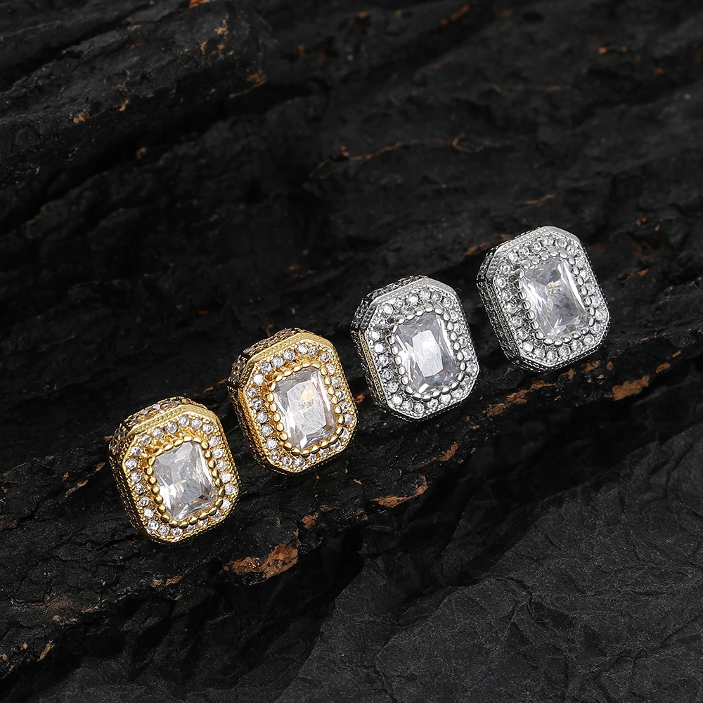 Minimalist Hip Hop Iced Out CZ Stone Rectangle Stud Earrings Rhodium Plated Zircon Crystal Square Earring For Women Men Jewelry