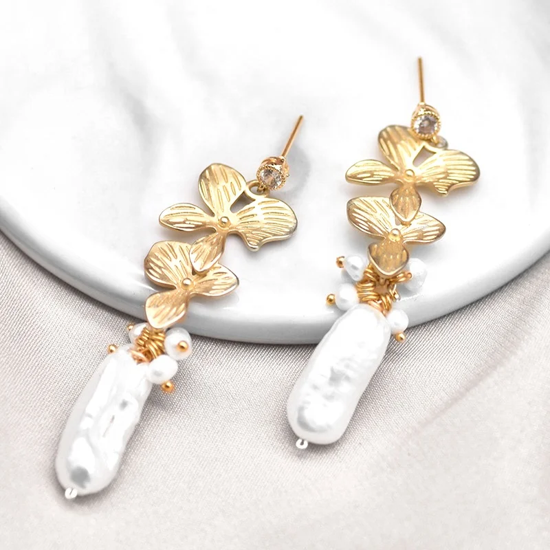 Ladies Vintage Pearl & Leaf Gold-Plated Copper Earrings - Bohemian Jewelry