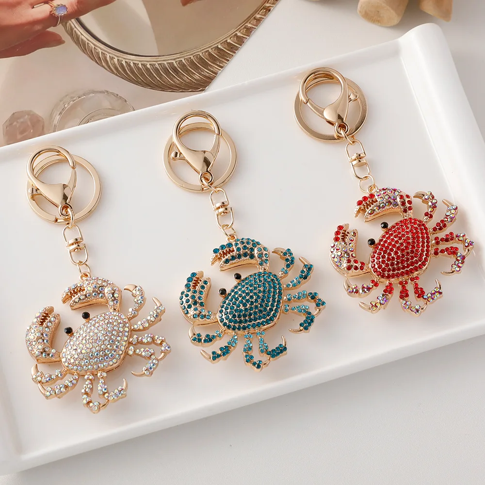 Personality Blue Crab Keychain Fashionable Colorful Pave Rhinestone Crab Souvenirs Craft Gift for Couple