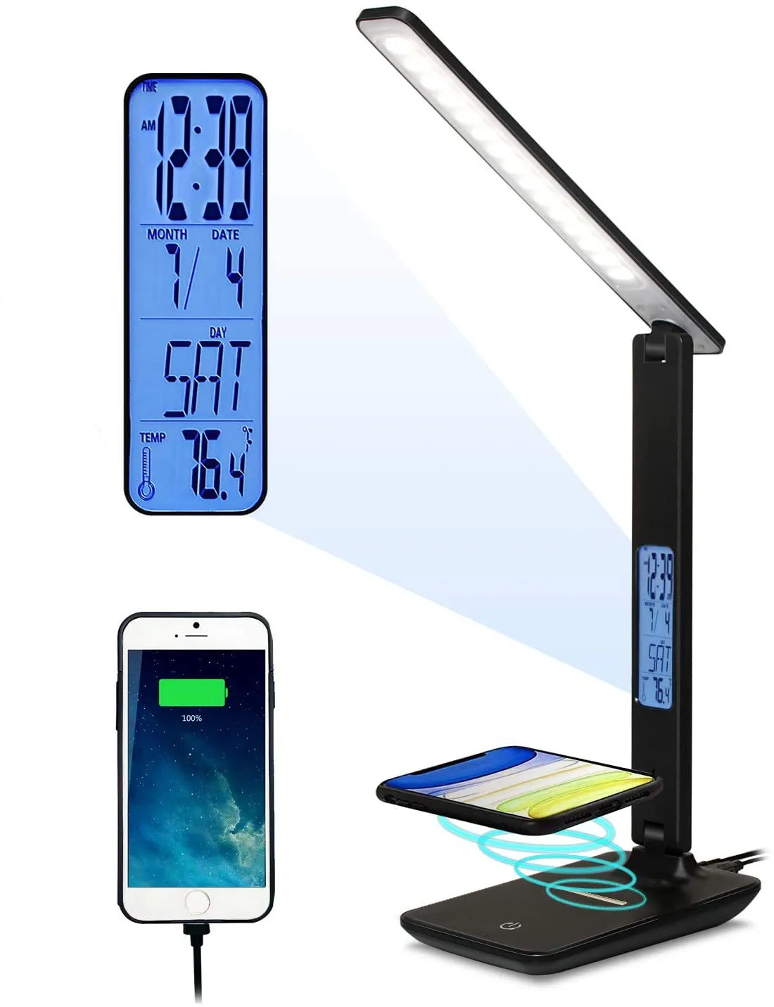 LED Desk Lamp 3Mode Lights Leather Texture USB Folding Reading Table Lamp With temperature Calendar LCD Display DC5V Black/White