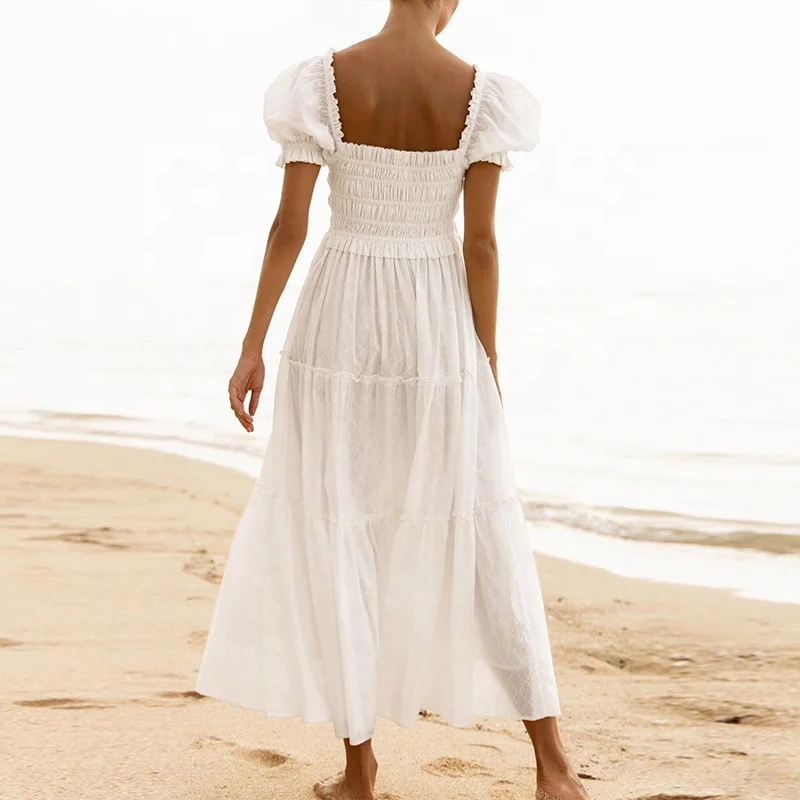 Women cotton long casual grace  dress puff sleeves for holiday