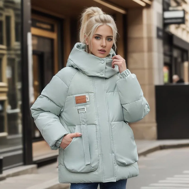 D&M Fashionable and minimalist hooded standing collar cotton jacket for women in autumn and winter of thickened cotton jackets