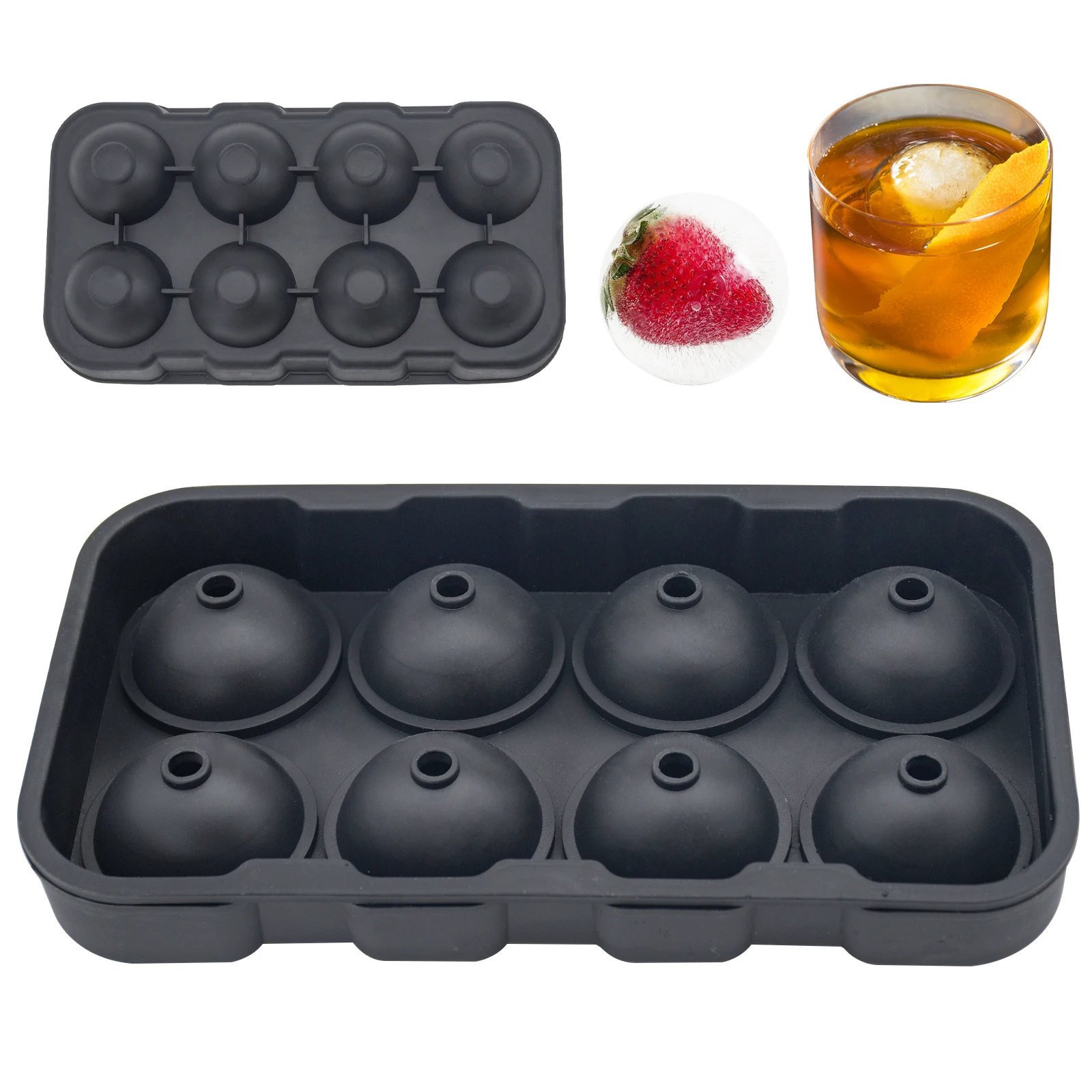 Custom BPA Free 8 Holes Sphere Round Ice Molds Reusable Silicone Sphere Whiskey Ice Ball Maker With Lids