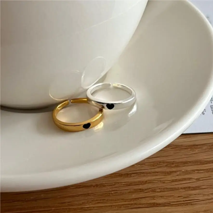 Wedding Mini Black Epoxy Heart 925 Sterling Silver Adjustable Ring