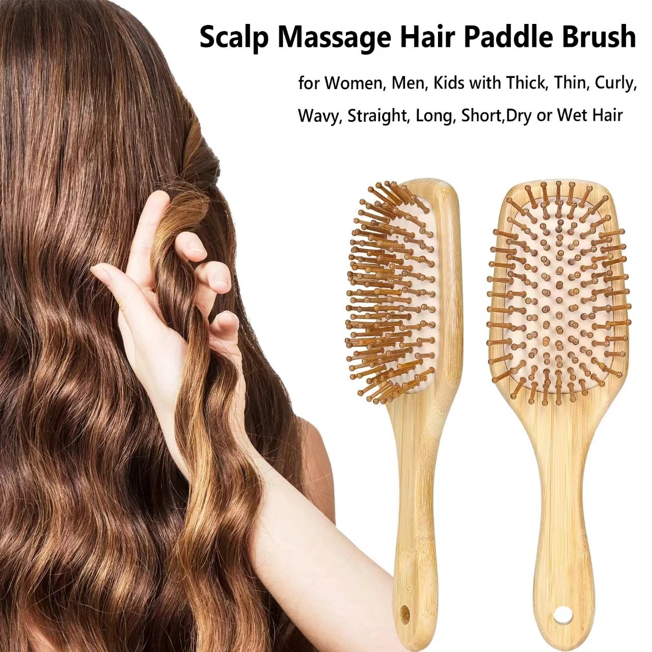 Wooden Body Massage Brush with Square Handle for Home Use Cellulite Shower Scrubber with Scalp Massagers Feature