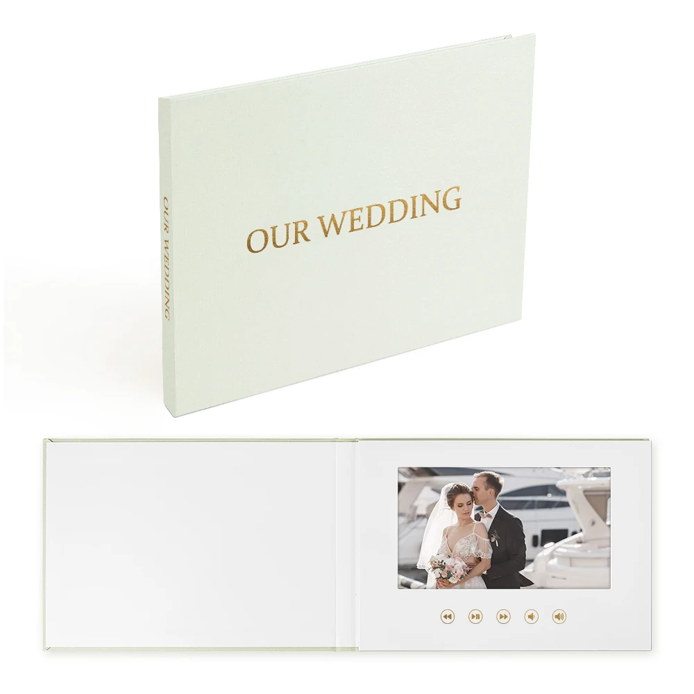 Promotional customized hd screen business invitation lcd video card digital videobuch hardcover OUR WEDDING GOLD FOIL