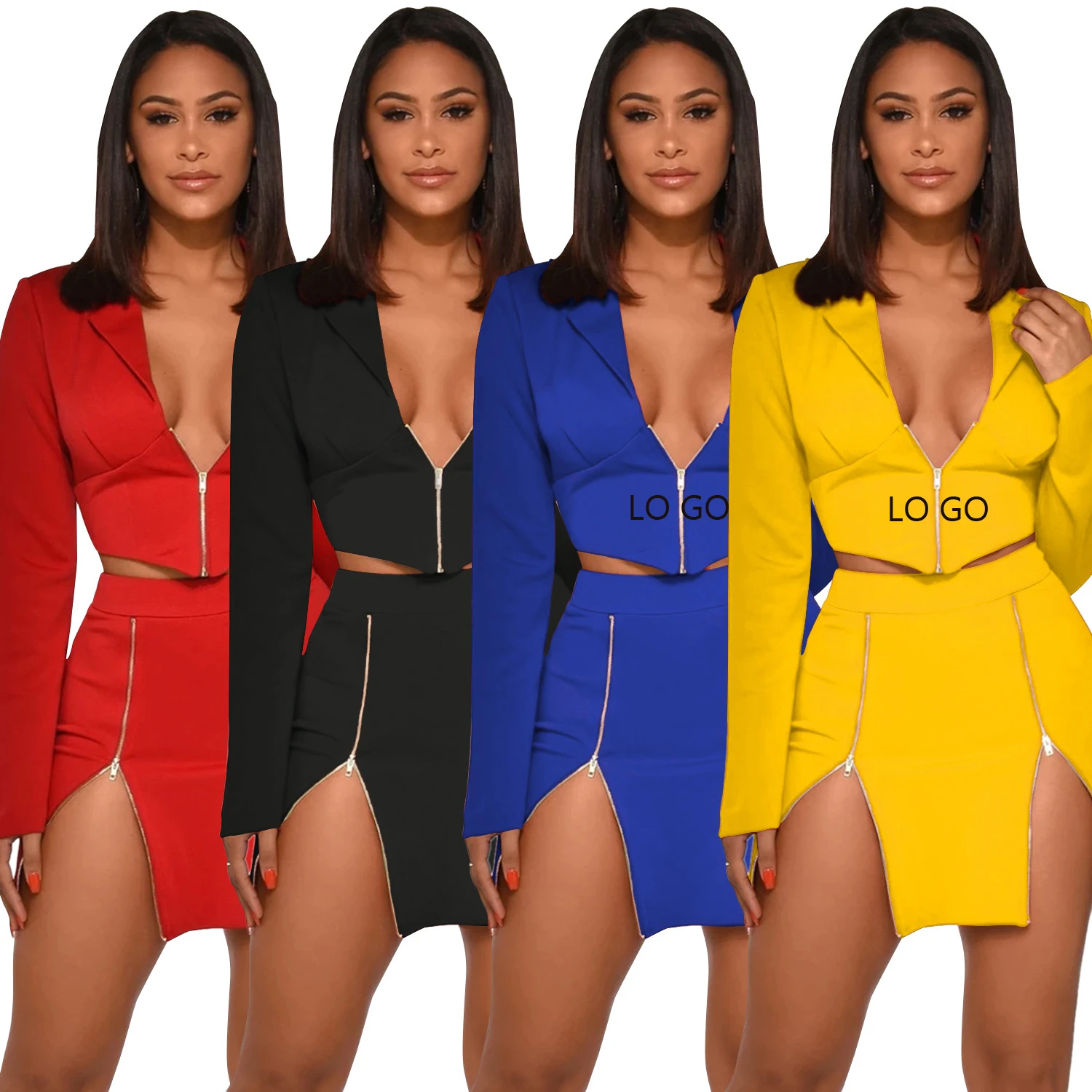 Wholesale customized LOGO Sexy V-neck Color Crop Blazer Set Women Mini Skirt 2 Piece Suits