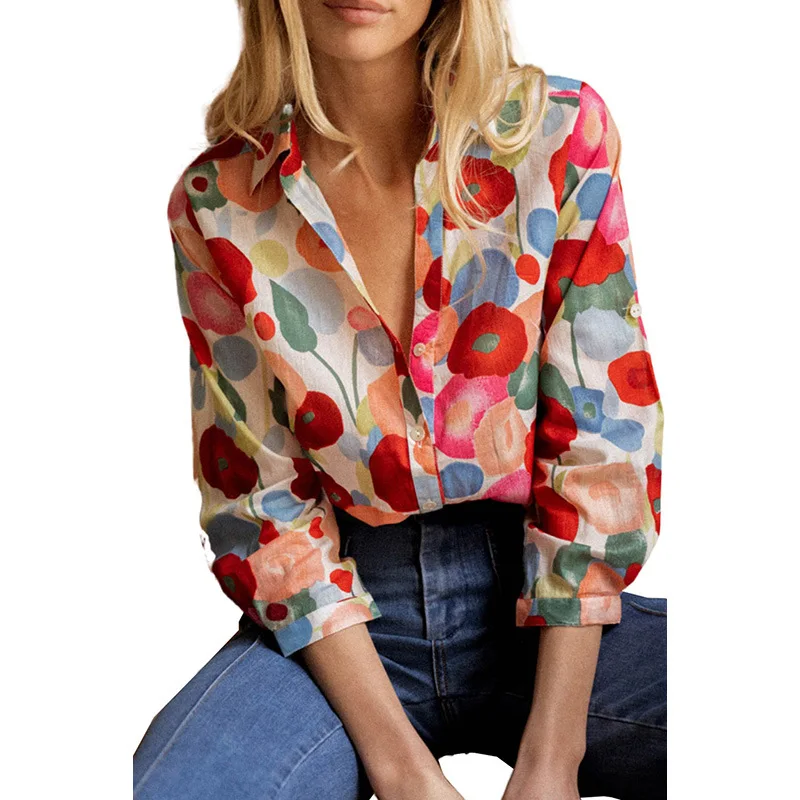 Customized autumn printed long sleeved shirt for women in Europe and America, slim fit long sleeved top, Chinese manufacturer