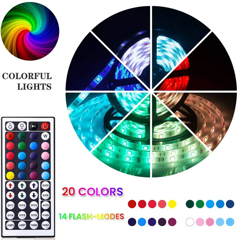 СВЕТОДИОДНАЯ Гирлянда RGB с пультом дистанционного управления на 44 кнопки, водонепроницаемая уличная и комнатная осветительная полоса IP65, набор праздничных декоративных ламп, 5 м, 10 м, 15 м, 20 м