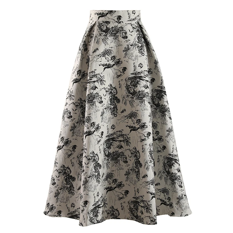 Wholesale Elegant Mid-length Printed Long Skirt High Waist A Line High Rise With Lining Invisible Zip Closure Womens Skirts