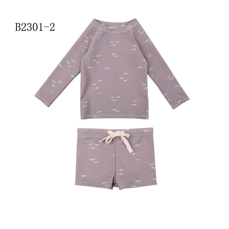 Baby Beach suit young kids 2 piece long sleeve swimwear clothes custom drawstring short rash guard set Baby swimming suit
