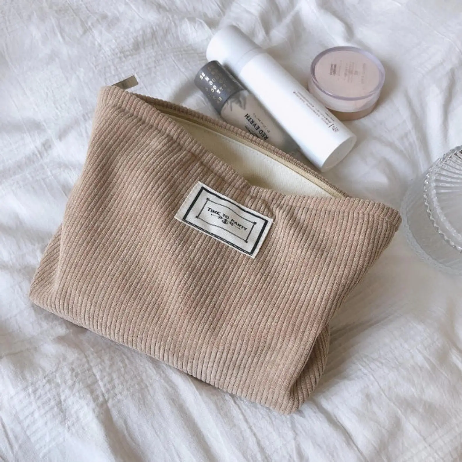 Soft Corduroy Velvet Beige Zipper Large Capacity Cosmetic Bag Clutch Bag Personalized Makeup Bag Pouch