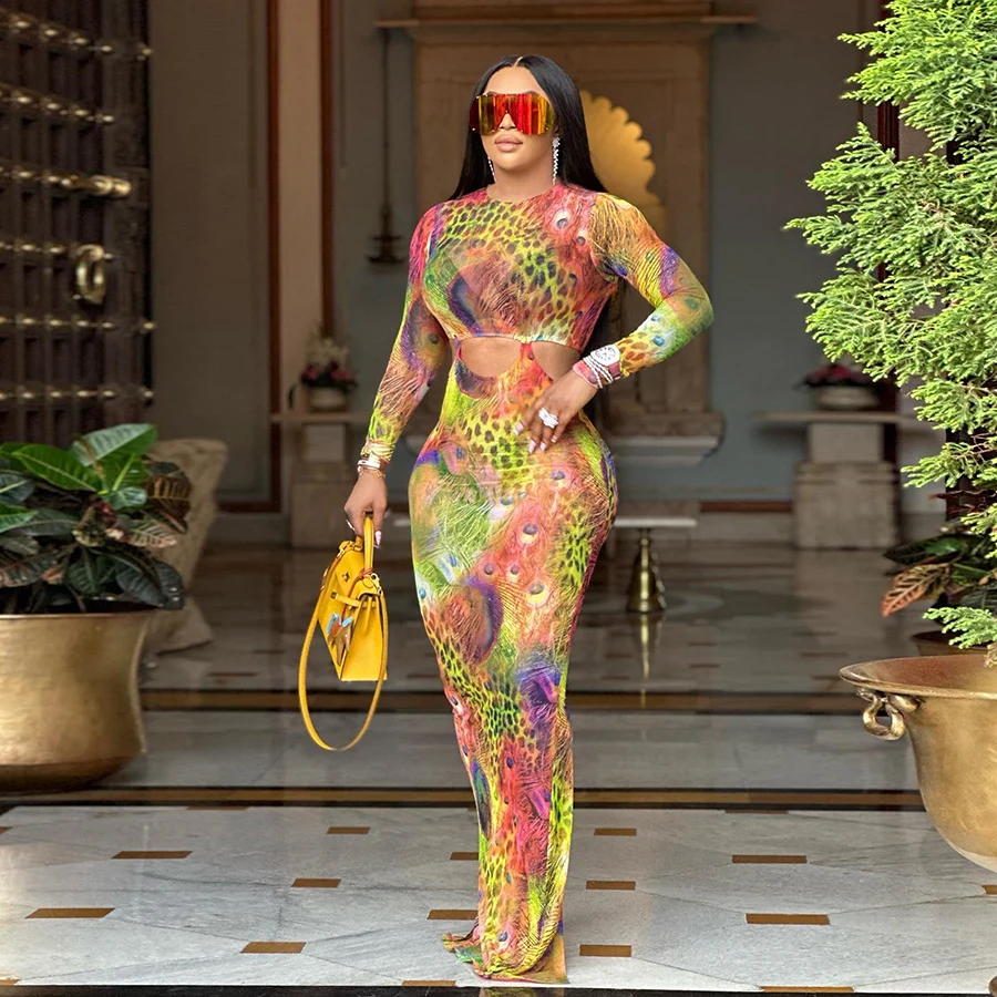 Kliou K23D27989 Colorful Print Slim Dress Hollow Out Maxi Dresses Ladies Shiny Stunning Women Casual Dresses