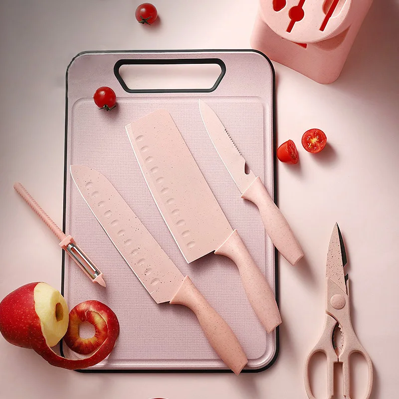 WONDERFUL 6pcs Non-Stick Coating Multi Colourful Chef Kitchen Knife Set Kitchen Meat Cleaver With Wheat Straw Handle