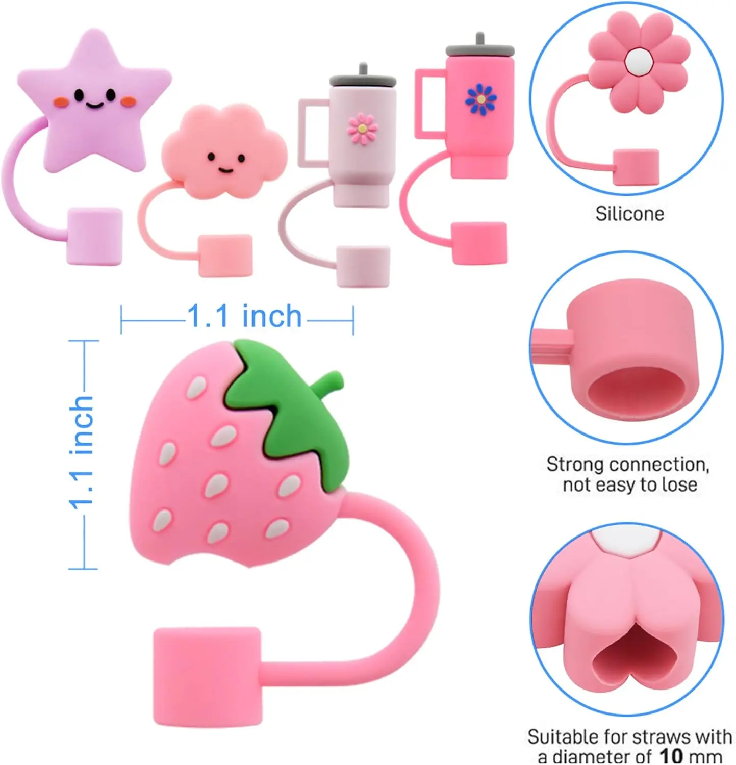 10 mm 0.4 in Reusable Cute Flower Smile Star Cloud Strawberry Straw Topper Compatible for 30 and 40 Oz Tumbler with Handle