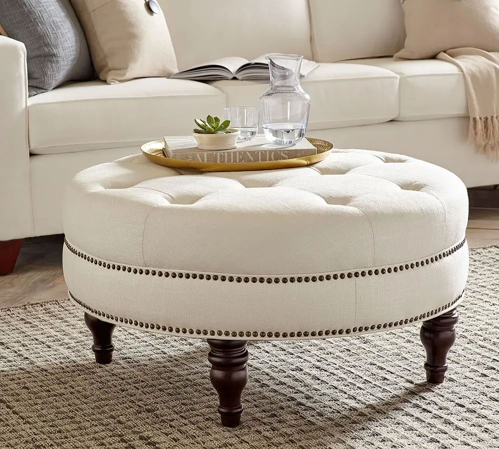Large Button Tufted Faux Leather Round Storage Martin Round stool Ottoman for Living Room Bedroom