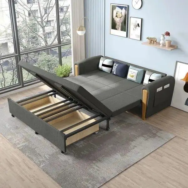 Luxury Comfortable Home Furniture Hotel 3 Seat Wood Frames Fabric Leather Folding Sofa Bed with Storage Living Room