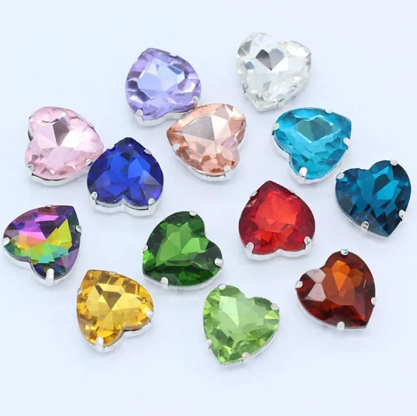 New arrival topz factory sewing on beads heart shape colorful rhinestone claw setting for clothing