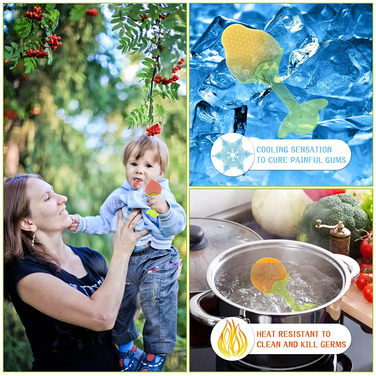 
Eco Friendly Soft Baby Teether Fruit Teething Toy Food Grade Approved Silicone Baby Teether Set 