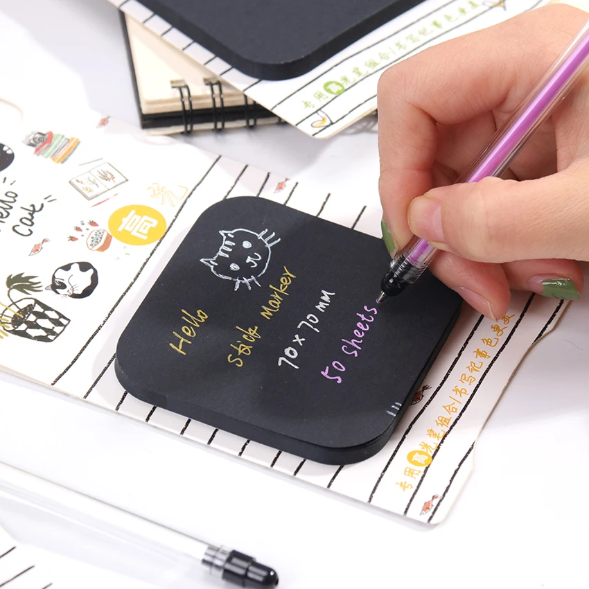 
50 Sheets Creative Black Sticky Notes With Fluorescent Pen Set 